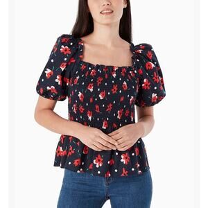 KATE SPADE Whimsy Floral Puff Sleeve Top Womens Small Navy Red Smocked Cute Fun